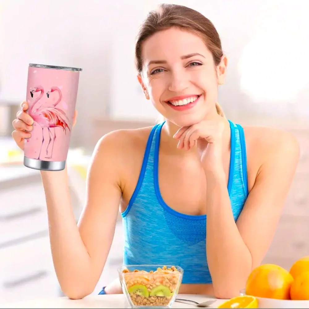 Flamingo Pink Stainless Steel Tumbler 20 OZ Capacity BPA Free Lid